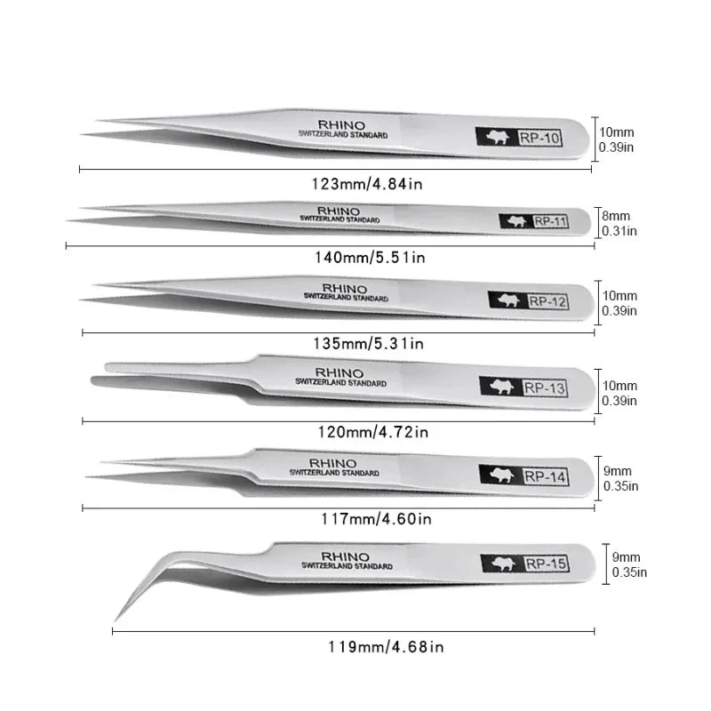 Pinces Brrucelles de Précision Japan Rhino – Jeu de 6 Pinces en Acier Inoxydable – Anti-magnétiques, Anti-acide – Pour Électronique, Réparation, Artisanat (RP-10 à RP-15)