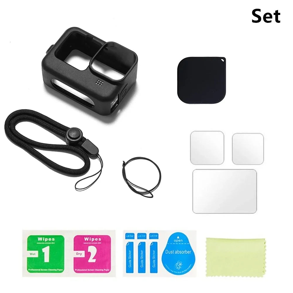 Coque Silicone + Verre Trempé 9H pour GoPro Hero 9 / 10 / 11 / 12 / 13 – Protection Complète avec Dragonne