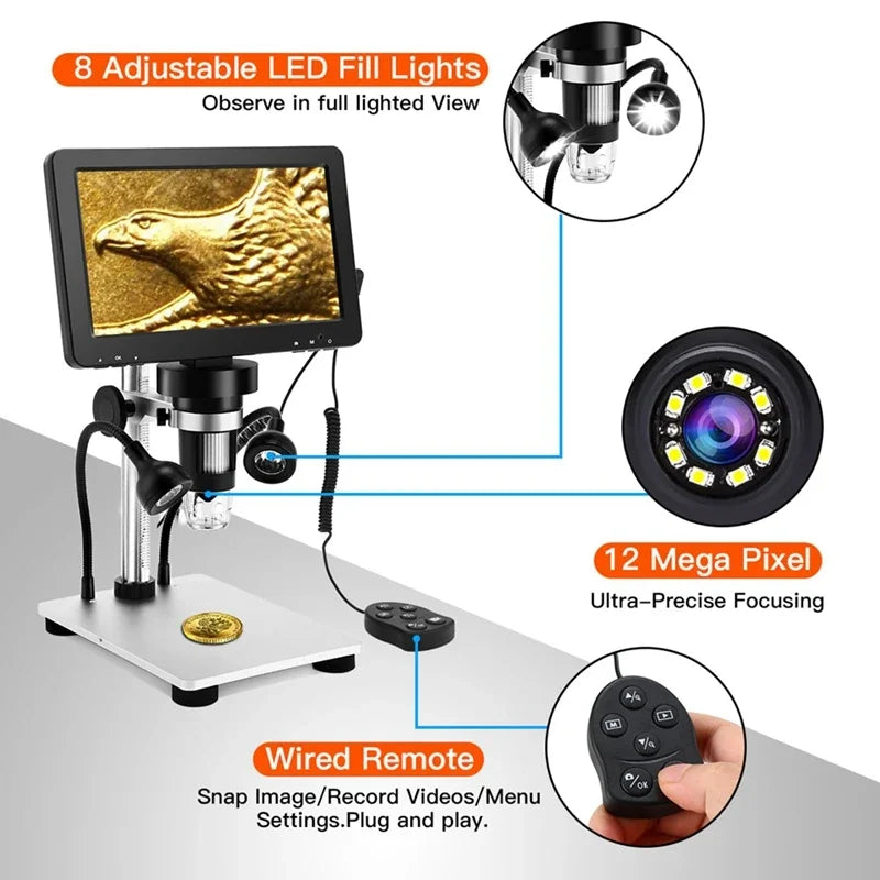 Microscope numérique Elikliv DM9 – Écran LCD 7" HD 1080P, 50X à 1200X, pour soudure électronique et observation