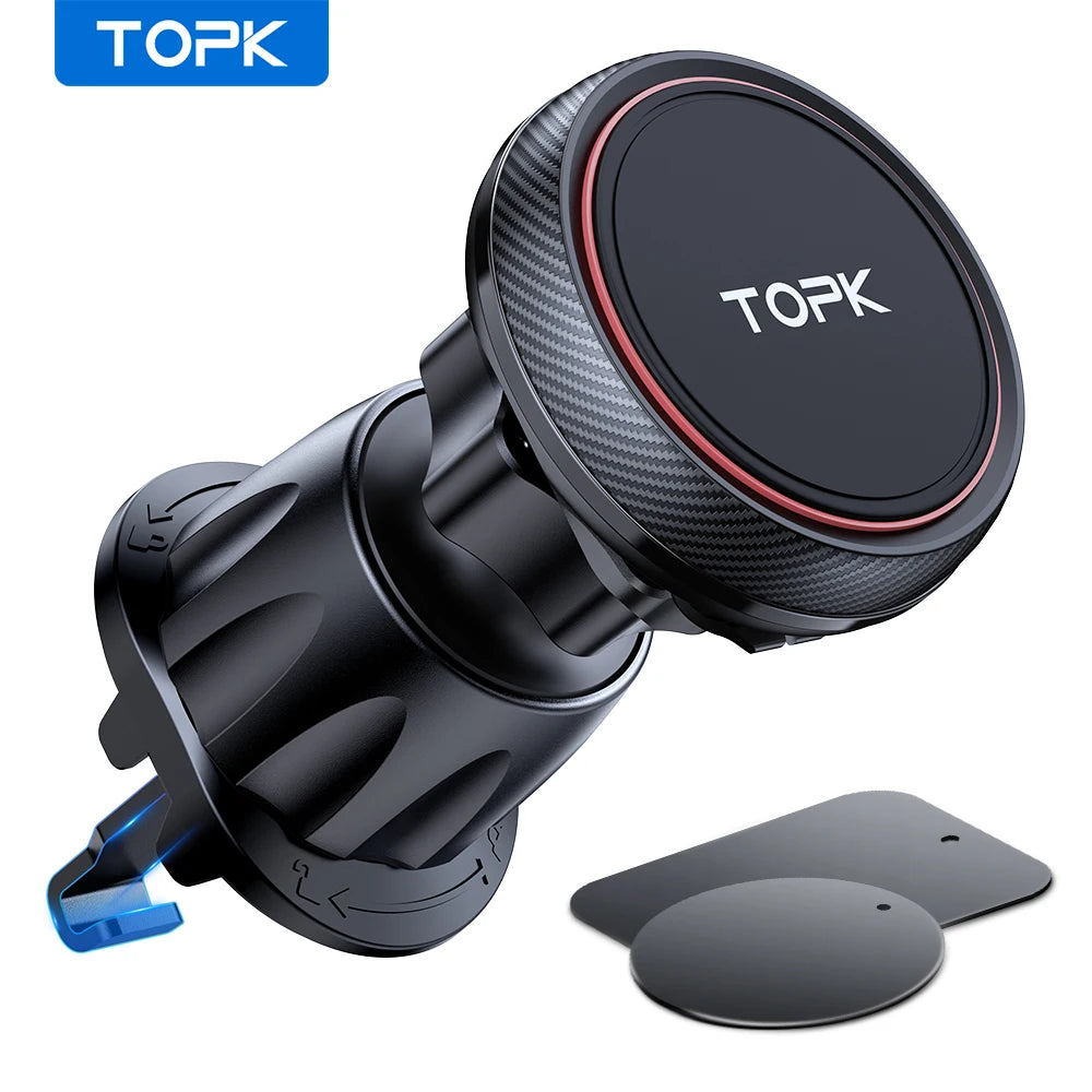 Support Téléphone Voiture Magnétique TOPK – Fixation Grille d’Aération 6 Aimants N52 Rotation 360°