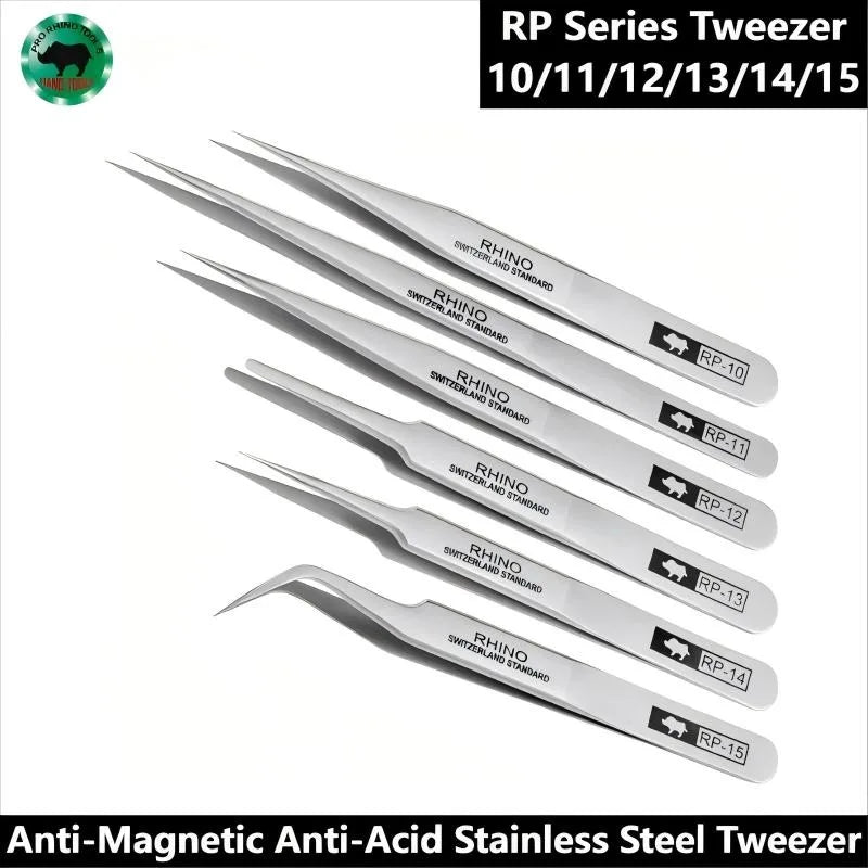 Pinces Brrucelles de Précision Japan Rhino – Jeu de 6 Pinces en Acier Inoxydable – Anti-magnétiques, Anti-acide – Pour Électronique, Réparation, Artisanat (RP-10 à RP-15)