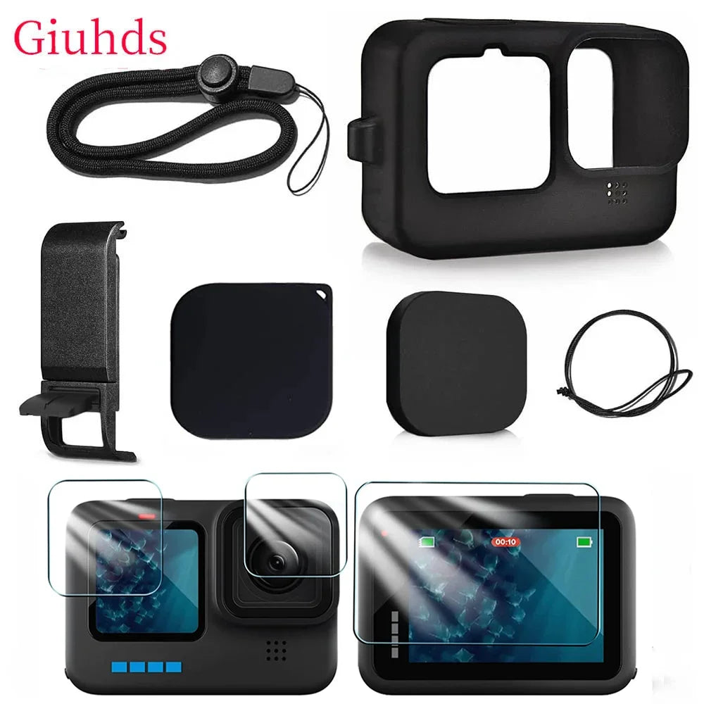 Coque Silicone + Verre Trempé 9H pour GoPro Hero 9 / 10 / 11 / 12 / 13 – Protection Complète avec Dragonne