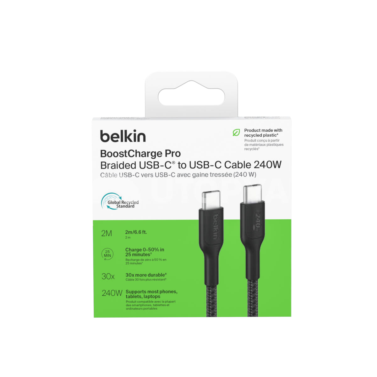 BELKIN Câble Tressé PCR USB-C vers USB-C 240W 2.0 2m (Noir)